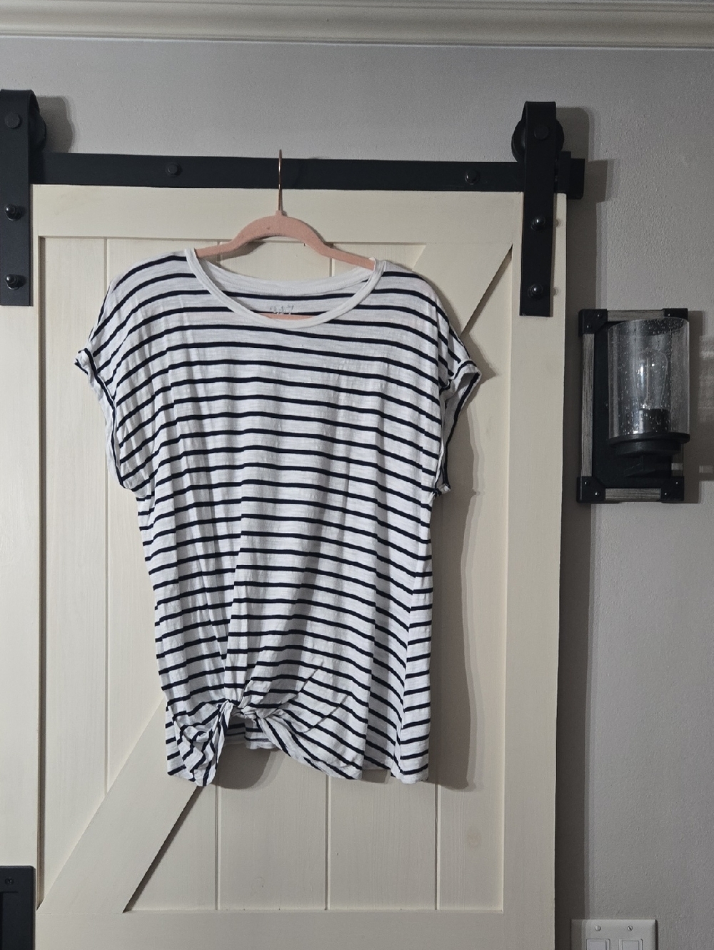 Knot Front Short Sleeve Striped Tee - White/Navy